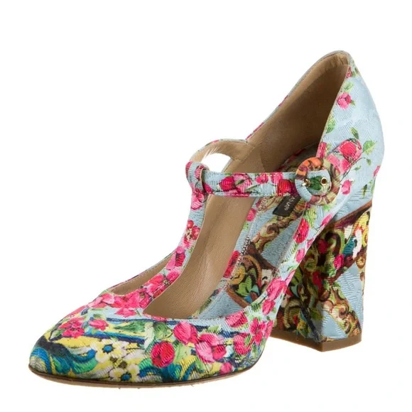 Dolce & Gabbana Floral Print T-Strap Pumps - 38.5 - RARE - Picture 2 of 5